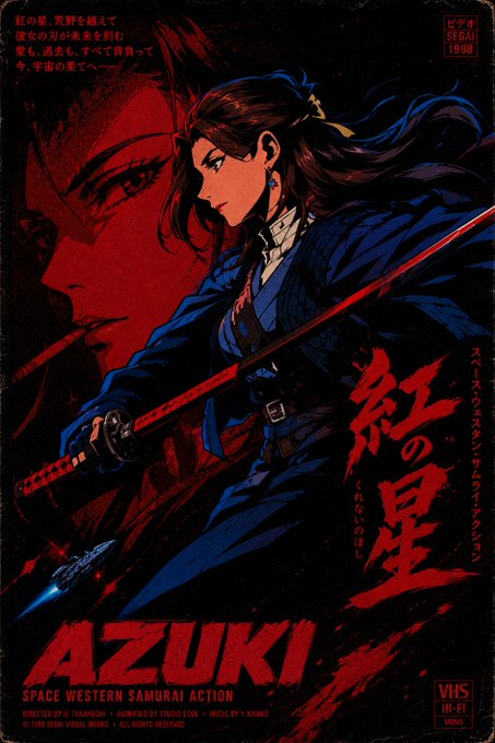 A retro-style anime VHS cover for "AZUKI: SPACE WESTERN SAMURAI ACTION" features a fierce woman in blue wielding a glowing sword against a red background, with Japanese text "紅の星" (Crimson Star) and "1998" visible, labeled "HI-FI MONO" — matching the bold, "good morning" energy of "Gm" with its vintage sci-fi samurai aesthetic.