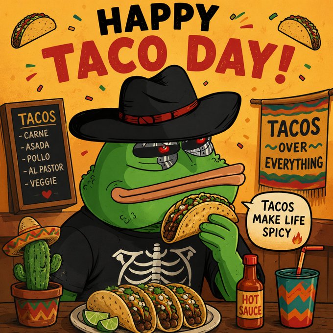 A cartoon illustration of a green frog wearing a black cowboy hat and skeleton shirt holding a taco, with 'HAPPY TACO DAY!' text and a menu listing Carne Asada, Pollo, Al Pastor, and Veggie tacos.