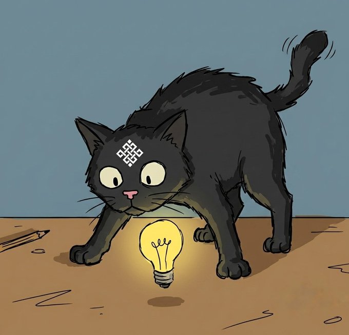 A black cartoon cat with a decorative emblem on its forehead arches its back in surprise as a glowing lightbulb appears on the floor beneath it, symbolizing the "aha moment" of innovation. The image visually represents the spark of a new idea—fitting for Ritual Chain's public testnet launch as a groundbreaking, purpose-built execution layer for autonomous AI agents onchain.