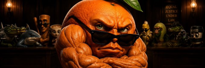 A hyper-realistic rendering of an anthropomorphic orange character wearing sunglasses in what appears to be a courtroom setting, with 'EQUAL JUSTICE UNDER LAW' visible in the background.
