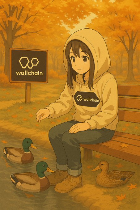 An anime-style girl wearing a "wallchain" hoodie sits on a park bench in autumn, feeding mallard ducks beside a sign displaying the "wallchain" logo. The image reinforces the post's message by symbolizing Wallchain's natural, ecosystem-driven growth—mirroring how diverse elements (like ducks in a park) coexist and multiply organically, rather than being forced or surprising.