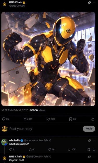 A BNB Chain tweet showing a yellow armored robot character labeled 'Captain BNB' with comments including 'what's his name?'.