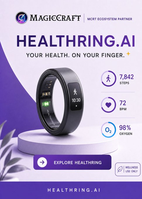 An advertisement for the MagicCraft x MCRT ecosystem "HEALTHRING.AI" smart ring, displaying metrics of 7,842 steps, 72 BPM, and 98% oxygen, with an "EXPLORE HEALTHRING" button and "WELLNESS USE ONLY" disclaimer.
