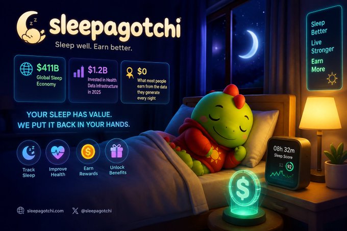 An advertisement for 'sleepagotchi - Sleep well. Earn better.' featuring a green dragon character sleeping in bed, highlighting statistics like the $411B Global Sleep Economy and $1.2B Invested in Health Data Infrastructure in 2025.