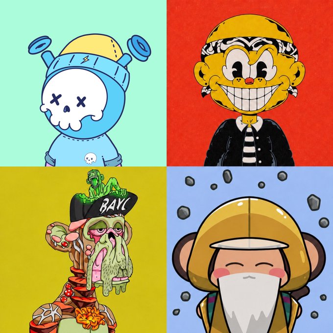 A four-panel illustration shows cartoon characters in different styles: a blue robot with a skull face, a yellow grinning figure, a grotesque green character with 'BAYE' on its hat, and a cute character wearing a face mask under a hood.
