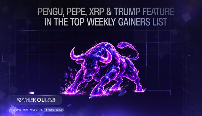 A cryptocurrency graphic featuring a glowing purple bull with the text "PENGU, PEPE, XRP & TRUMP FEATURE IN THE TOP WEEKLY GAINERS LIST" and "THINKOLL CLUB" branding.