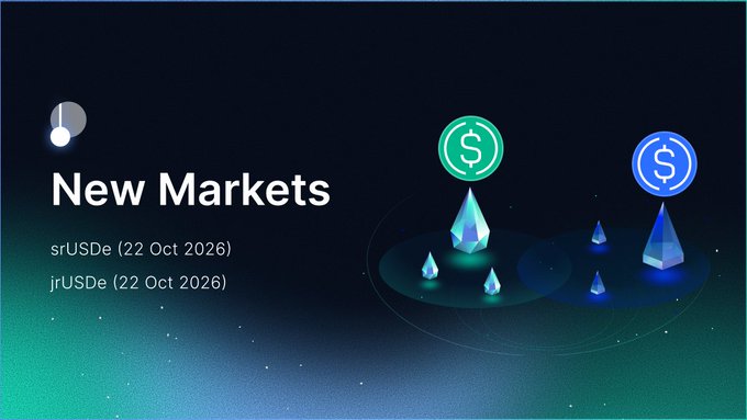 The image shows a screenshot of an advertisement or website page that features two coins standing upright next to each other, each labeled with a price tag representing the current value of the coin (one for $1 and one for $2). The coins are surrounded by stars in shades of green and blue against a black background. Below this design, there is text providing information about new markets or new maturities. One bullet point states that new maturities include @strata_markets x @ethena pools like @strata_banks @strata institutions for downside protection on sUSDe yields, and jrUSDe @strata pools for upside gains with Pendle, while the other bullet point refers to the post which contains this advertisement.