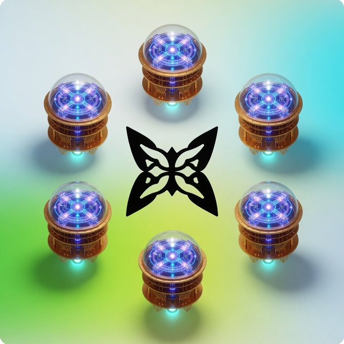 urns with blue and purple lights, arranged in a circular pattern against a gradient background of green and white.