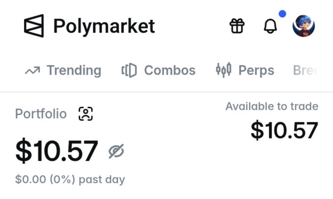 Screenshot of a Polymarket portfolio page showing an available-to-trade balance of $10.57 with $0.00 (0%) change over the past day.