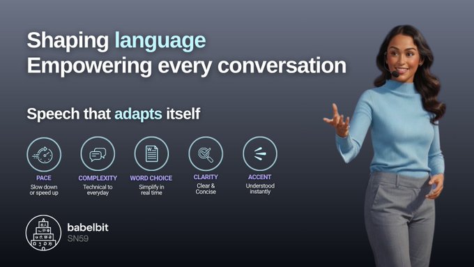 A promotional graphic titled 'Shaping language - Empowering every conversation' featuring a woman in a light blue turtleneck and headset, advertising features like PACE, COMPLEXITY, WORD CHOICE, CLARITY, and ACCENT, branded with 'babelbit SN59'.