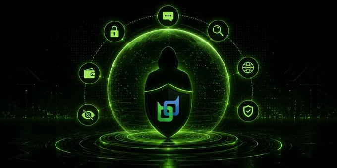 A hooded figure holds a shield displaying the blue and green Beldex (BDX) logo, surrounded by a glowing green sphere and encircled by privacy-themed icons including a padlock, magnifying glass, globe, shield, eye-with-slash, credit card, and chat bubble—visually representing Beldex's comprehensive privacy ecosystem for messaging, browsing, and transactions.