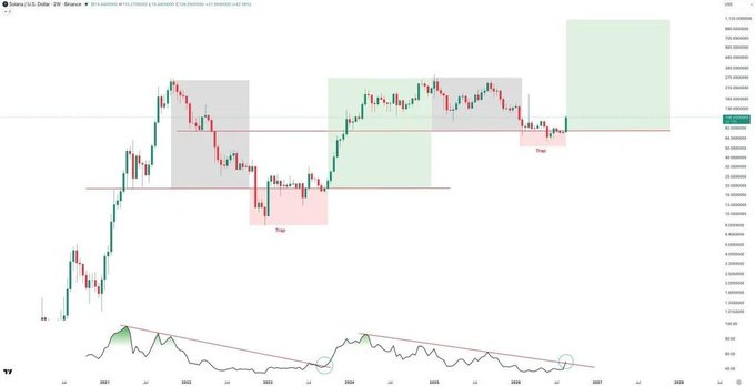 A weekly candlestick chart of Solana (SOL/USD) on the Binance exchange displays a multi-year price action from 2021 to 2026, featuring highlighted "Trap" zones and a current trading price around $105, with an RSI indicator below showing a bearish divergence pattern. The chart visually supports the post's argument by illustrating the historical $30-$80 accumulation range that preceded previous breakouts, suggesting the current movement above $100 could trigger a similar parabolic move toward $200+ as referenced in the bear trap comparison.