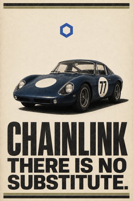 A vintage-style poster featuring a blue racing car with the number 77 on its side and a white circle on the hood, displayed below a blue hexagonal logo. The bold text at the bottom reads 'CHAINLINK THERE IS NO SUBSTITUTE.'