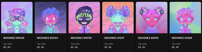 Six colorful "MOONIEZ" NFT character listings are displayed in a row, each priced at "Top offer $8.90" with serial numbers like #0546, #0344, and #078.