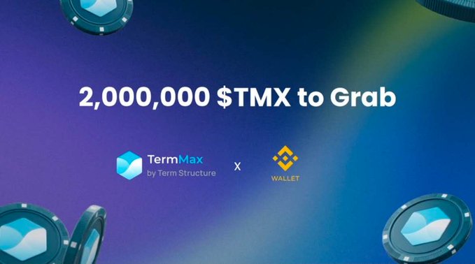 A promotional banner for a joint event between TermMax and Binance Wallet, featuring a prize pool of 2,000,000 $TMX tokens. The image displays the TermMax (by Term Structure) and Binance Wallet logos with an "X" between them, set against a blue and purple gradient background with floating coin graphics.