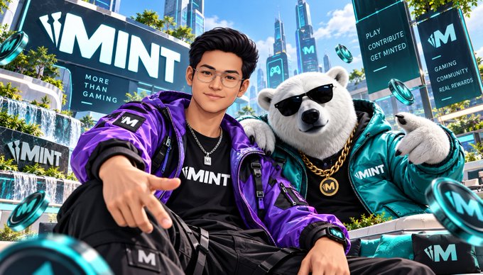 Stylized promotional artwork for the MINT gaming platform featuring a young man in a purple jacket posing next to a polar bear wearing sunglasses and a teal jacket, with text reading 'MINT', 'MORE THAN GAMING', 'PLAY CONTRIBUTE GET MINTED', and 'GAMING COMMUNITY REAL REWARDS'.