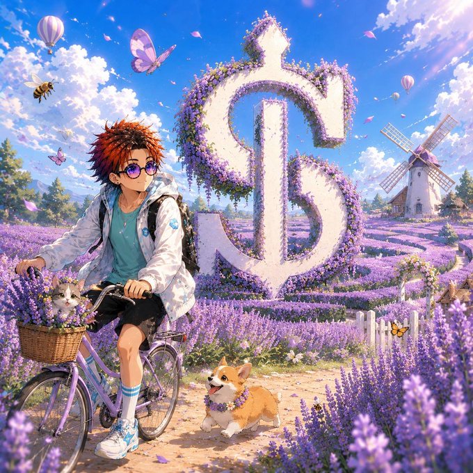 An anime-style illustration of a red-haired boy with glasses on a bicycle in a lavender field with a large floral 'S' sculpture, a corgi, a windmill, and butterflies.