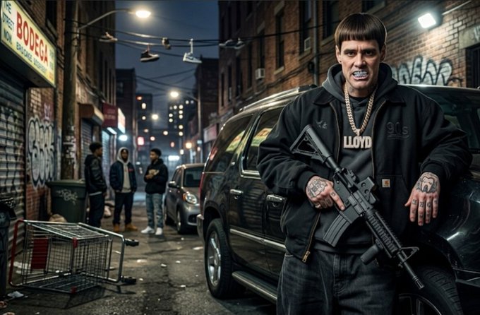 A person with a bowl haircut, buck teeth, and tattoos stands on a city street at night holding a rifle, wearing a black jacket with 'LLOYD' and a gold chain.