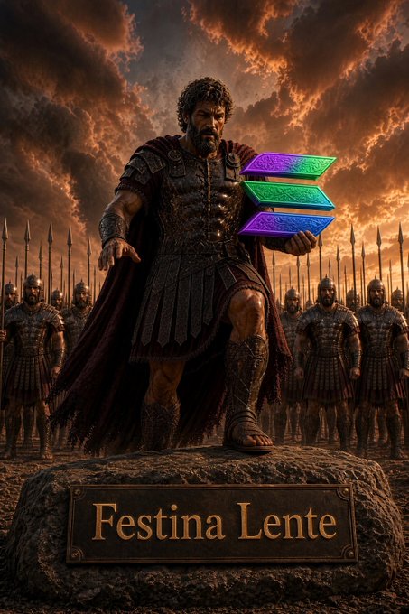 A warrior in ancient armor stands atop a stone pedestal inscribed with 'Festina Lente', holding three glowing colored slabs while an army of spearmen stands behind him under a dramatic cloudy sky.