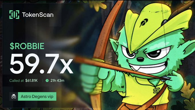 A TokenScan graphic displays a $ROBBIE token call achieving a 59.7x gain, called at $61.81K market cap 21 hours and 43 minutes ago by the "Astro Degens vip" group, accompanied by an illustration of a green goblin archer character.