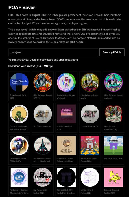 A screenshot of the POAP Saver web app showing "75 badges saved" from an archive (154.5 MB zip), featuring a grid of saved POAP NFT artwork including collections like "Punks Brunch Pants 2025," "1 Met Rebecca Rose," "Punks L.A. MeetUp 2024," "The Future of Art," "FARCASTER," "SuperRare x HAM Gallery Paris 2024," and "w3tternight @ FarCon 2024." The caption "75 badges saved. Unzip the download and open index.html" confirms the user's right-click save of 75 POAPs as mentioned in the accompanying post about archiving 93 POAPs across multiple wallets before the August 2026 shutdown.