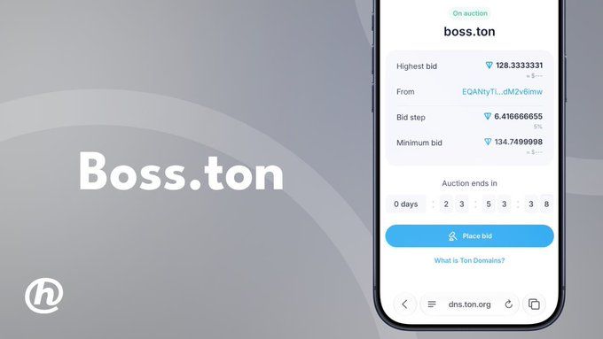Promotional graphic for the Boss.ton domain auction on the TON blockchain, showing a mobile phone interface with a highest bid of 128.33 TON from EQANtyTL…dMZv6Imw and a 5% bid step, set against a gray background with the Boss.ton logo.