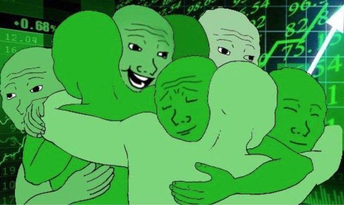 A cluster of hugging Wojak meme characters (known as the "HODL hug" or "Wojak hug" meme) is overlaid on a green stock chart showing upward-trending numbers like +0.68%, 82.6, and 95.54, symbolizing the $GME community celebrating a new intraday high.
