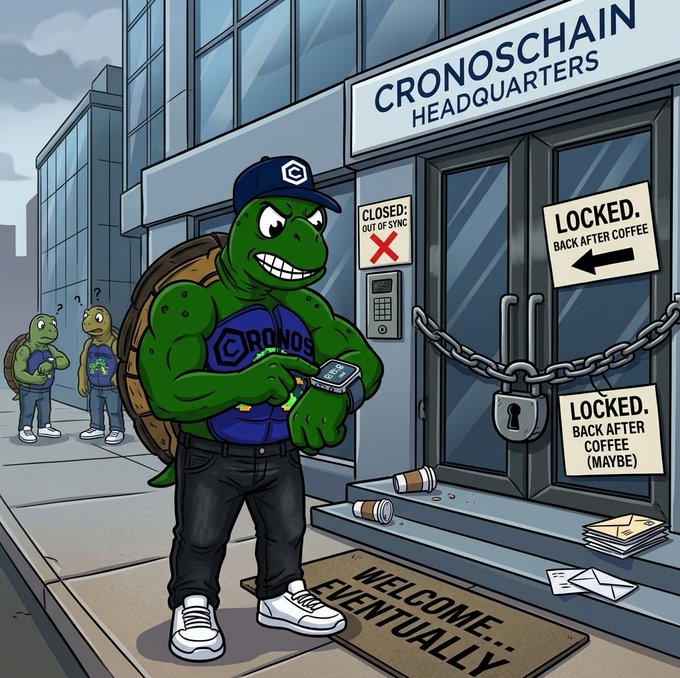 A cartoon illustration of a muscular turtle wearing a 'CRONOS' shirt and cap standing outside the locked 'CRONOSCHAIN HEADQUARTERS' with signs reading 'CLOSED: OUT OF SYNC' and 'LOCKED. BACK AFTER COFFEE (MAYBE)'.