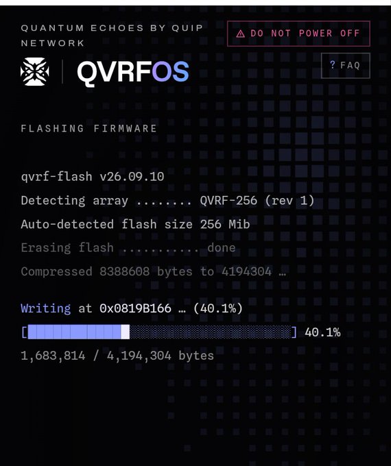 A terminal screen showing QVRF OS firmware flashing in progress at 40.1% on a QVRF-256 array, with a 'DO NOT POWER OFF' warning.