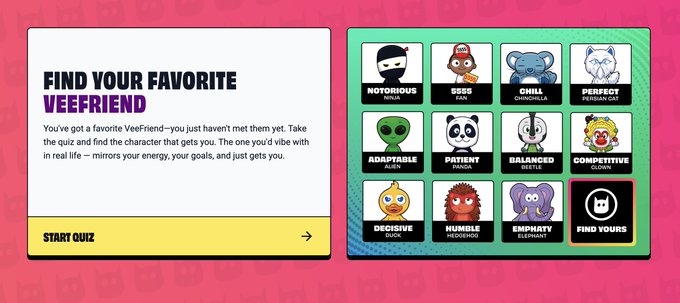 A promotional graphic titled 'FIND YOUR FAVORITE VEEFRIEND' featuring a personality quiz button and a grid of cartoon characters with traits like 'NOTORIOUS NINJA' and 'PATIENT PANDA.'