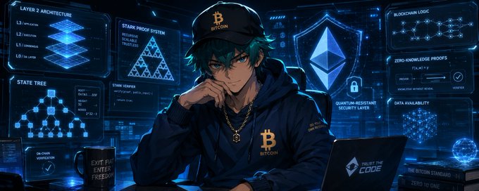 An anime-style illustration of a character wearing a Bitcoin hat and hoodie surrounded by screens displaying blockchain diagrams and text including 'BITCOIN', 'LAYER 2 ARCHITECTURE', 'STARK PROOF SYSTEM', 'BLOCKCHAIN LOGIC', 'ZERO-KNOWLEDGE PROOFS', and 'QUANTUM-RESISTANT SECURITY LAYER'.