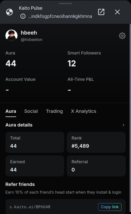 A dark-themed mobile screenshot of the "Kaito Pulse" app displays a user profile for "hbeeh" (@hxbeeton) with an Aura score of 44, a rank of #5,489, and 12 Smart Followers.