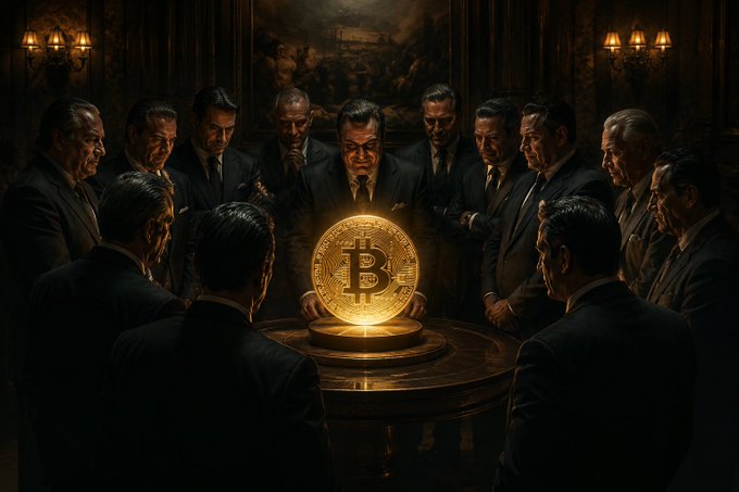 A group of men in suits gather around a glowing "B" symbol on a round table in a dimly lit room. The image visually reinforces the post's message about Wall Street's interest in Bitcoin, depicting Bitcoin as a coveted object of attention among financiers rather than a genuine embrace of its underlying principles.