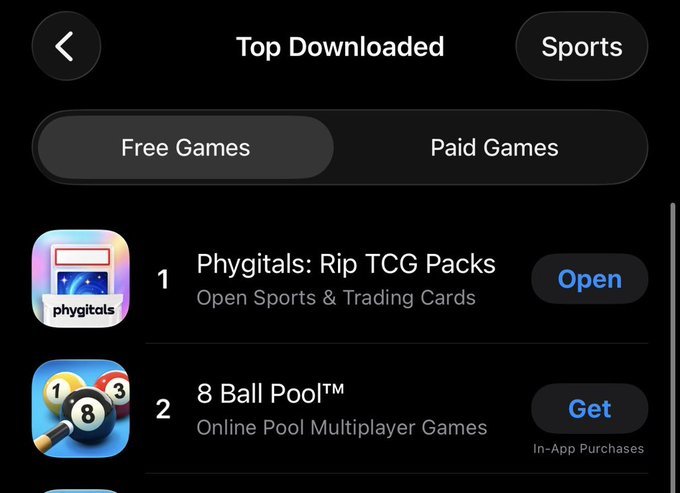 An iOS App Store screenshot showing the 'Top Downloaded' Sports free games list, featuring '1. Phygitals: Rip TCG Packs' (Open) and '2. 8 Ball Pool™' (Get).