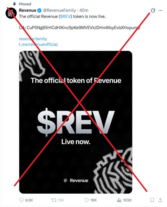 A screenshot of a tweet from 'Revenue (@RevenueFamily)' announcing 'The official Revenue ($REV) token is now live' with the contract address, heavily crossed out with a large red X.