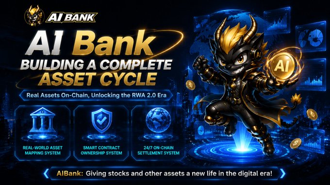 Promotional graphic for "AI BANK" with the tagline "BUILDING A COMPLETE ASSET CYCLE - Real Assets On-Chain, Unlocking the RWA 2.0 Era," featuring a golden-suited character and icons for asset mapping, smart contract ownership, and settlement systems.