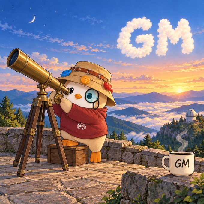 A digital illustration of a cartoon penguin wearing an explorer's hat and red hoodie, looking through a brass telescope, with the letters 'GM' spelled out in clouds in the sky and on a steaming mug.