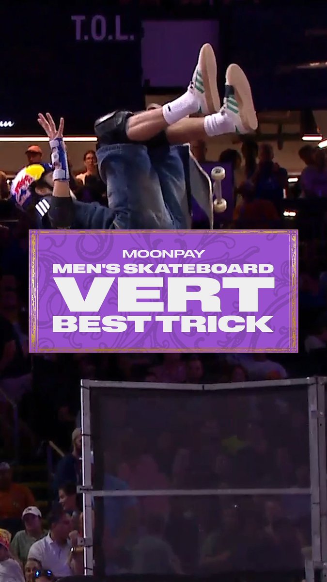 A skateboarder performing a high-flying trick at the 'Moonpay Men's Skateboard Vert Best Trick' event, with the crowd and arena visible in the background.