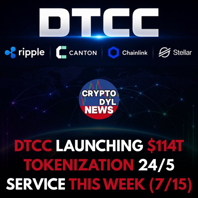The image is a promotional graphic from Crypto Dyl News announcing DTCC's $114 trillion tokenization service launch on 7/15, featuring logos of partner platforms Ripple, Canton, Chainlink, and Stellar. The graphic reinforces the accompanying post by visually highlighting the key blockchain players (XRP/Ripple, Chainlink, Stellar, Canton) positioned to benefit from DTCC's upcoming 24/5 tokenization initiative.