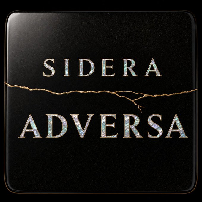The image displays a sleek, black rounded-square logo featuring the text "SIDERA" above and "ADVERSA" below, separated by a golden crack or lightning-like line, with letters filled in an iridescent mother-of-pearl texture. It represents the title card for the new blockchain-based PWA trading card game "SIDERA ADVERSA," reflecting the post's announcement of the CryptoNinja project's asynchronous online TCG.