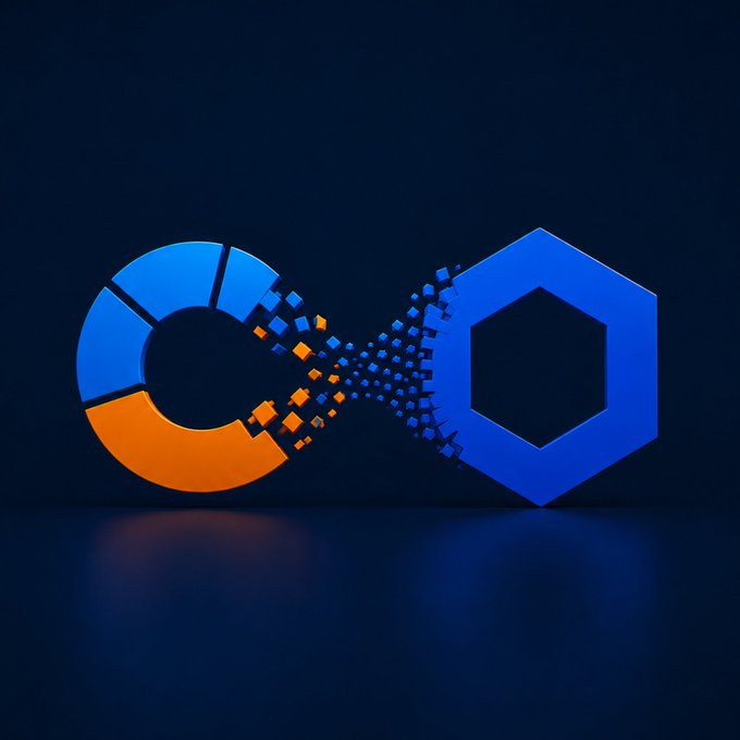 A 3D illustration on a dark blue background showing an orange and blue segmented ring transforming into particles that form a blue hexagon, symbolizing connectivity or integration.