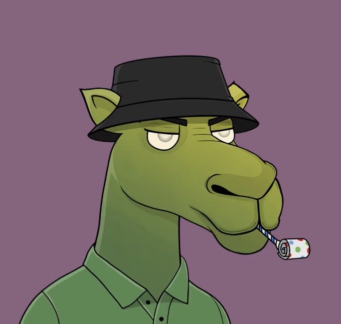 An illustration of a green dinosaur-like character wearing a black bucket hat and green shirt, smoking a lit cigarette from its mouth against a purple background.