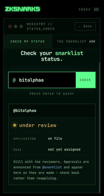 A ZKSNARKS status check interface showing the username @bitalphaa as "under review" with "application on file" and "pass not yet assigned."