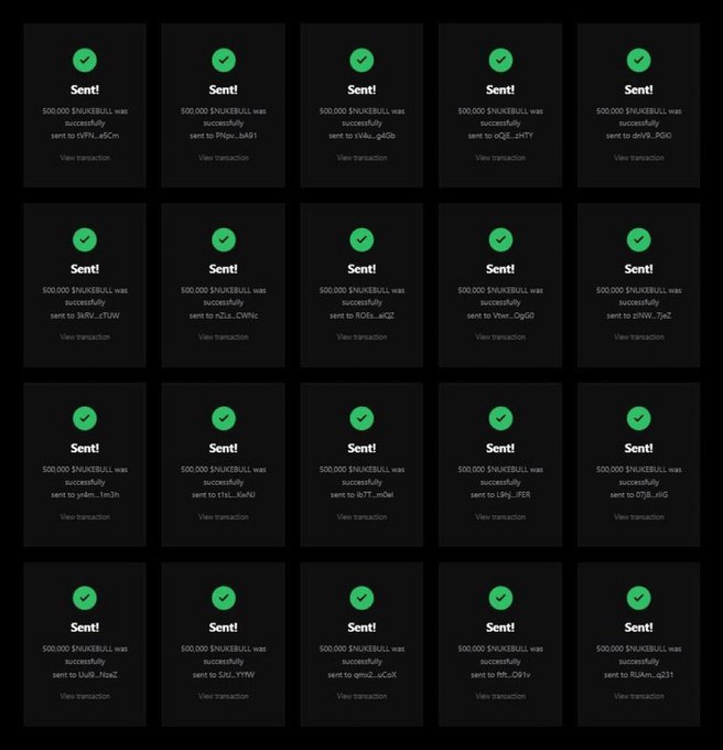 A grid of 20 green confirmation popups, each stating 'Sent! 500,000 $NUKEBULL was successfully sent' to various recipient wallet addresses.