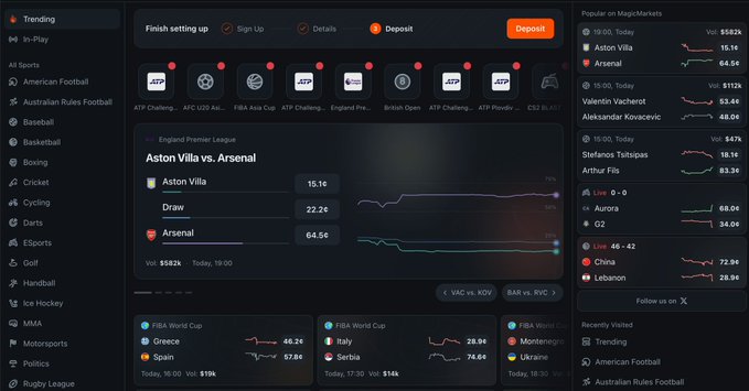 A sports betting interface shows odds for an England Premier League match between Aston Villa (15.16) and Arsenal (64.56), with Aston Villa listed as the Draw winner.