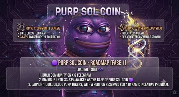 A cryptocurrency promotional graphic titled 'PURP SOL COIN' featuring a purple Pepe-style frog character, outlining a 'Roadmap (Fase 1)' that includes community building on X & Telegram and launching 1,000,000,000 PURP tokens.