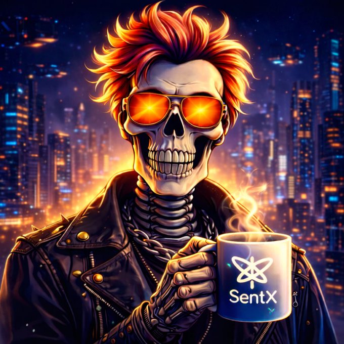A stylized digital illustration of a punk-style skeleton with spiky red hair and orange sunglasses, wearing a leather jacket and holding a steaming blue mug labeled 'SentX' against a cyberpunk city skyline.