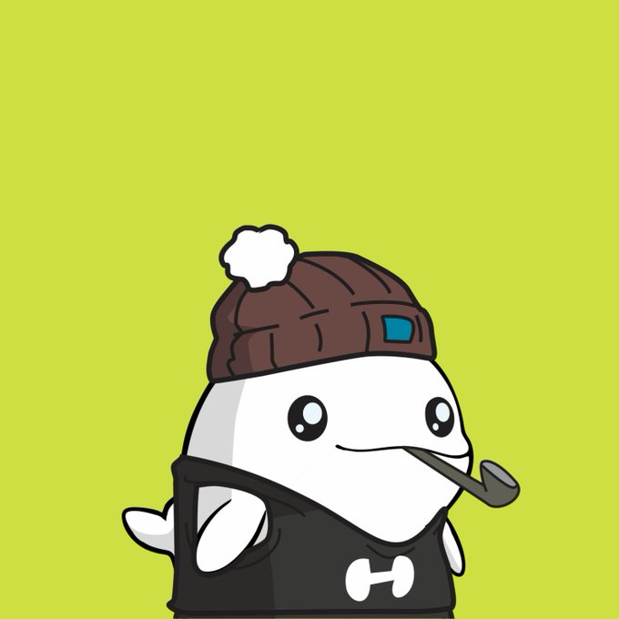 A cartoon illustration of a cute white whale character wearing a brown beanie, black hoodie with an 'H' logo, and holding a pipe, set against a bright green background.
