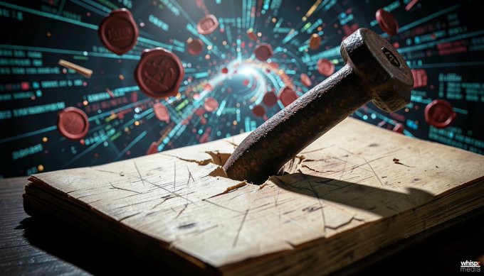 A dramatic digital artwork featuring a large metal hammer striking a cracked stone tablet, surrounded by floating red wax seals and streaks of digital code in a tunnel-like background, with a "whisp media" watermark in the corner.