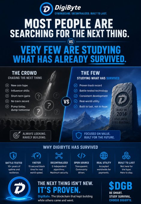 The image shows a poster with two columns, one titled "Most people are searching for the next thing." The other column says "Very few are studying what has already survived." Below these titles, there are bullet points explaining the differences between the two concepts.